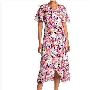 Flutter Sleeve Cowl Neck Floral Print Dress in Creamlilac by Gabby Skye